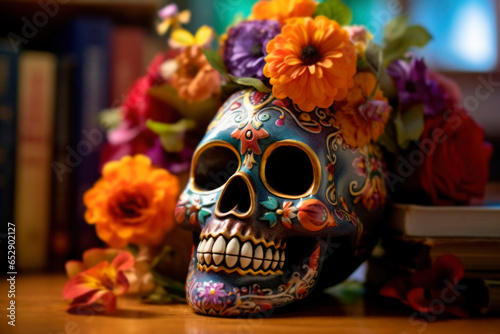 Colorful sugar skull on altar background for Day of the Dead decorated flowers and candles