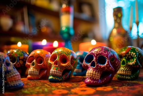 Colorful sugar skull on altar background for Day of the Dead decorated flowers and candles