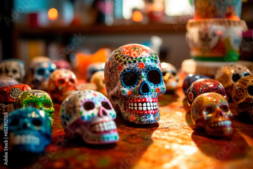 Colorful sugar skull on altar background for Day of the Dead decorated flowers and candles