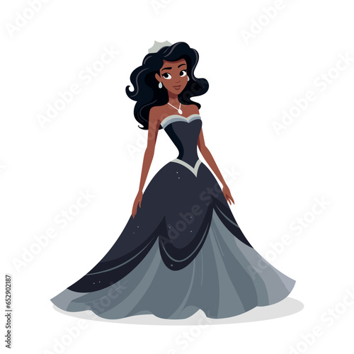 Beautiful fairytale black princess on white background. Cute cartoon princess with long dress. Children's illustration. Vector stock