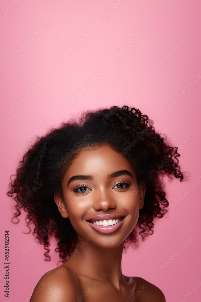Portrait of young happy woman looks in camera. Skin care beauty, skincare cosmetics, dental concept isolated over pink background. Portrait of young happy woman looks in camera. Skin care beauty, skincare cosmetics, dental concept isolated over pink background.