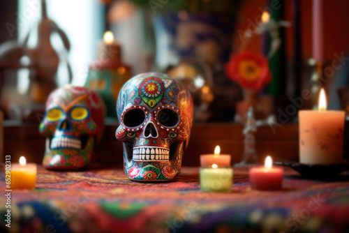 Colorful sugar skull on altar background for Day of the Dead decorated flowers and candles