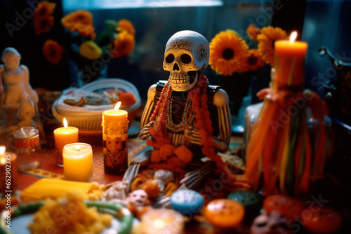 Illustration of Day of The Dead with home traditional Mexican altar at La Muerte