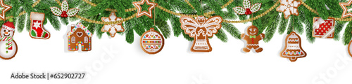 seamless christmas border with pine branches and gingerbread cookies