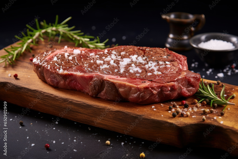 Juicy beef steak with salt and herbs on a wooden board