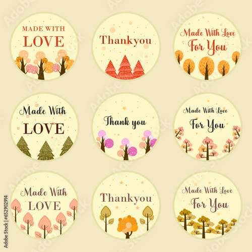 set labels for sellers including 'thankyou' 'made with love' 'for you' in autumn background with editable text