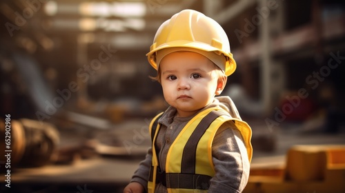 Cute little architect holding blueprints on construction site background. Dreaming of future. © Oulaphone