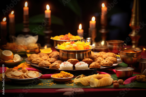 Table with typical traditional Indian foods to celebrate the cultural festival of Diwali.