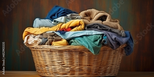 Abstract The basket with not folded clothes, clothes are not wash