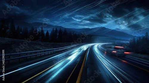 Speeding down highway light at night. AI generated image