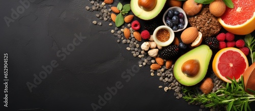 Superfoods arranged on black stone including legumes nuts chia avocado grapefruit beans goji green apple asparagus and quinoa View from above with room for text