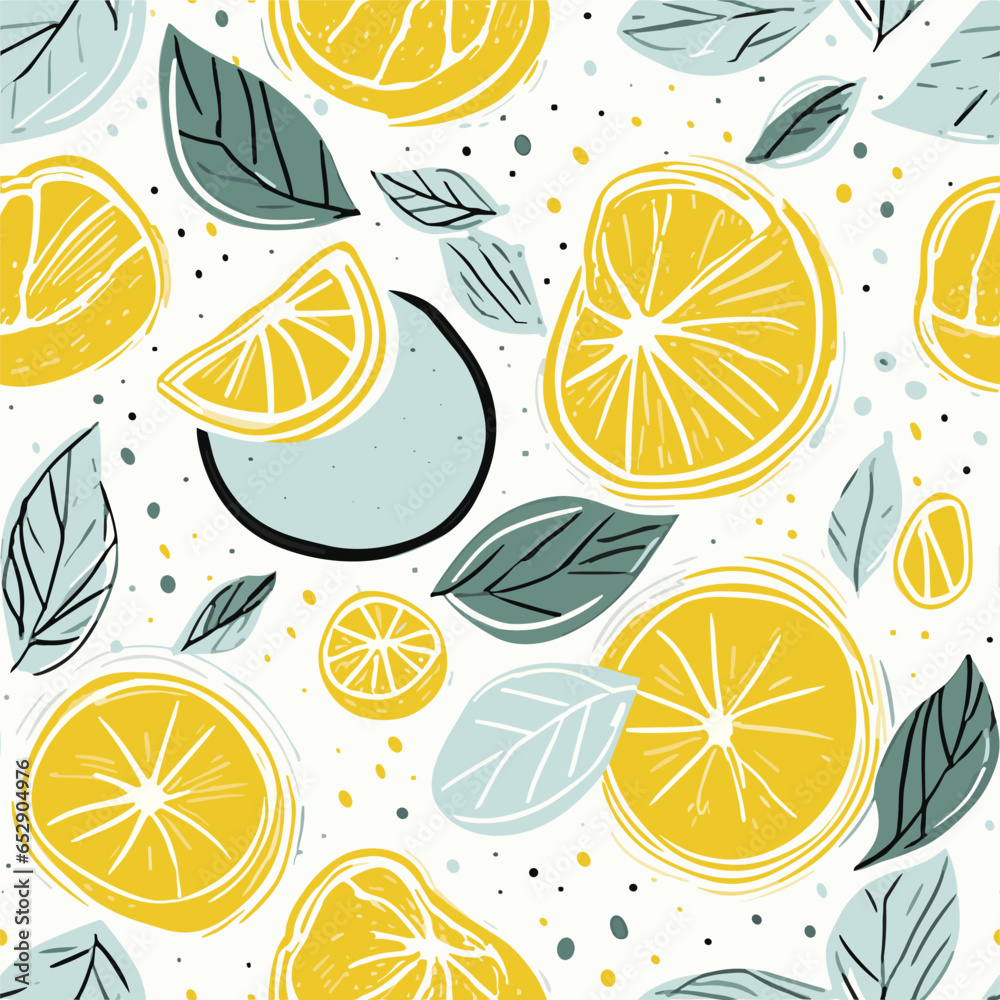 Abstract lemons pattern. Hand drawn line lemon illustration. Minimalism lemon. Seamless pattern with citrus fruits.