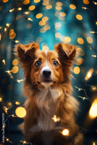 An enthusiastic dog contemplates lights of the illuminated garlands. Christmas atmosphere for pet. © NikonLamp