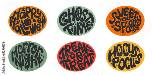 Groovy Halloween set of hand drawn lettering in oval shape. Typographic flat isolated stickers or printouts on colored background. Creepy and spooky slogans. Ideal for t shirt print, decoration
