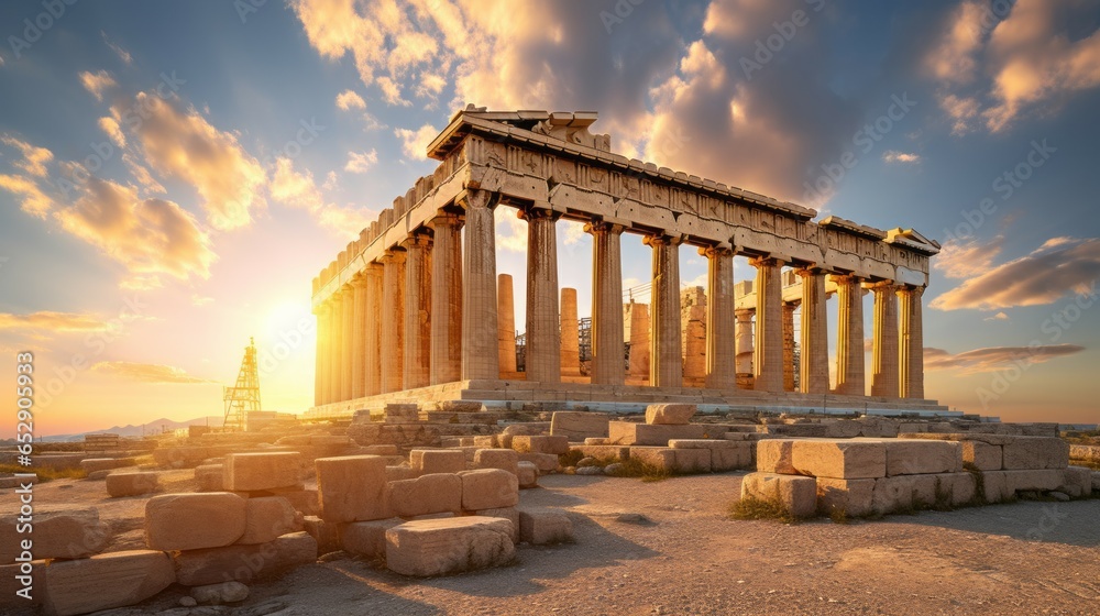 A Majestic Sunset View of the Parthenon with its Columns and Pediments - obrazy, fototapety, plakaty 