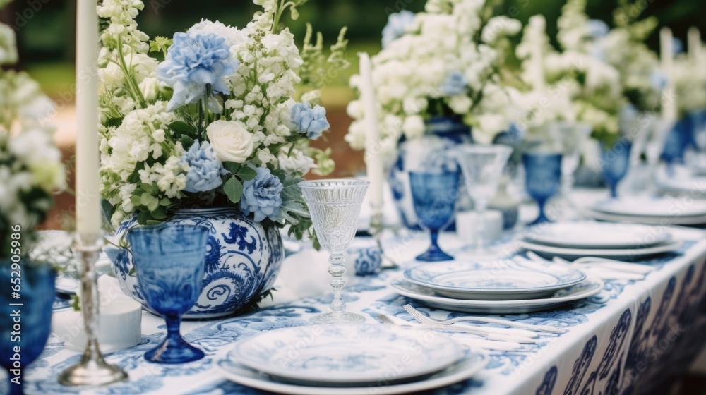 A table with blue and white plates and vases A table with blue and white plates and vases