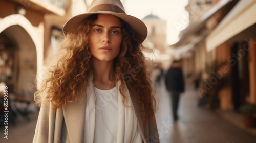 A woman with long curly hair wearing a hat