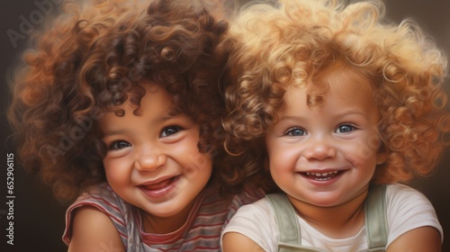 Two children with curly hair are smiling for the camera