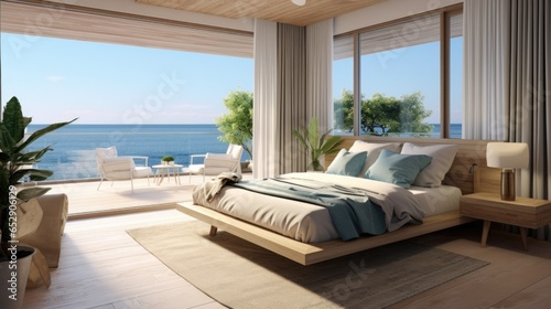 A bedroom with a large bed and a view of the ocean © Maria Starus