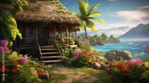 A house on a tropical island with a thatched roof