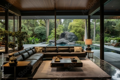 A Mid-Century Modern living room with a panoramic view of a lush garden