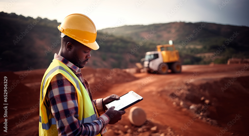 A young Black African mining construction worker with a digital tablet in an open pit quarry - obrazy, fototapety, plakaty 