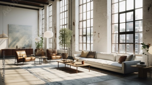 Minimalist living room featuring Bauhaus-inspired design and industrial-style windows