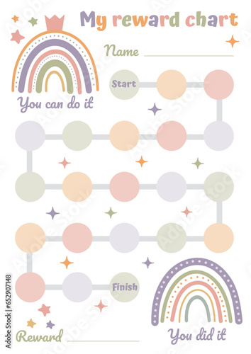 Printable rainbow reward chart. Chore chart for toddler. Sticker reward chart. Behavior for kids. Reward and achievement. Potty training chart.