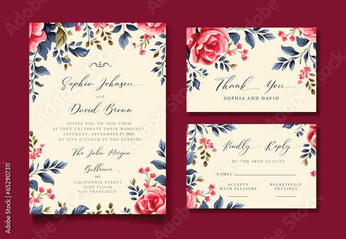 Vintage Watercolor Wedding invitation, rsvp and thank you cards set with red roses flowers. Vector template.