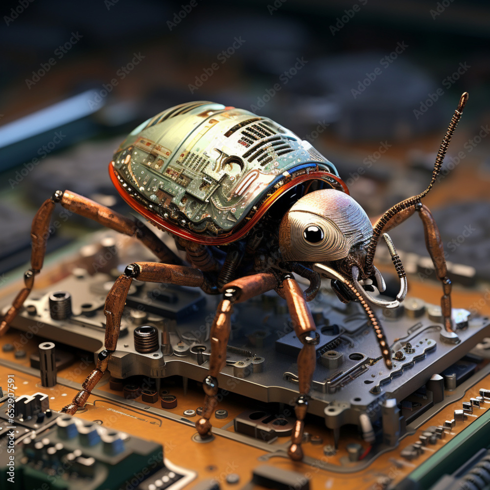 Robot robak na drukowanych płytkach z procesorami. Wizja przyszłości. - obrazy, fototapety, plakaty 