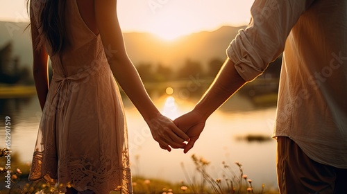 Person holding hands in the sunset. Suitable for designs with themes of love, romance, relationships, commitment, and things related to lovers.