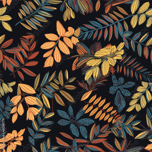 Autumn seamless pattern with abstract chestnut leaves. Foliage print for fabric, package, wrapping, wall art. Dark background