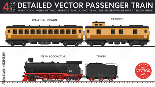 Highly detailed flat vector illustration of a set of generic passenger train parts with late steam era style. 4 unique pieces of equipment. Graphical resources.