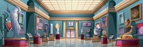 Museum background banner in flat cartoon design. Exhibition room interior poster with ancient statues and sculptures, masks and vases on pedestals, paintings on wall, marble floor. Vector illustration