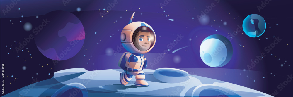 Naklejka premium Astronaut at space background banner in flat cartoon design. Cosmos fantasy poster with cute spaceman in spacesuit with helmet walking at cosmic surface planet with moon craters. Vector illustration