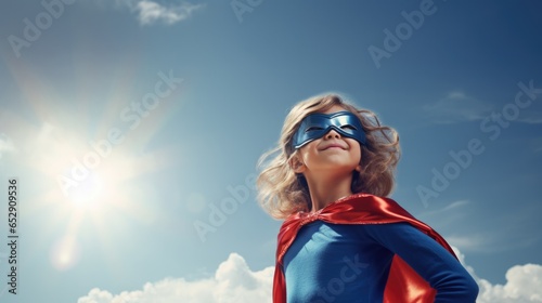 Cute little girl in superhero suit standing on blue sky background. Girl power concept. Dreaming of future.