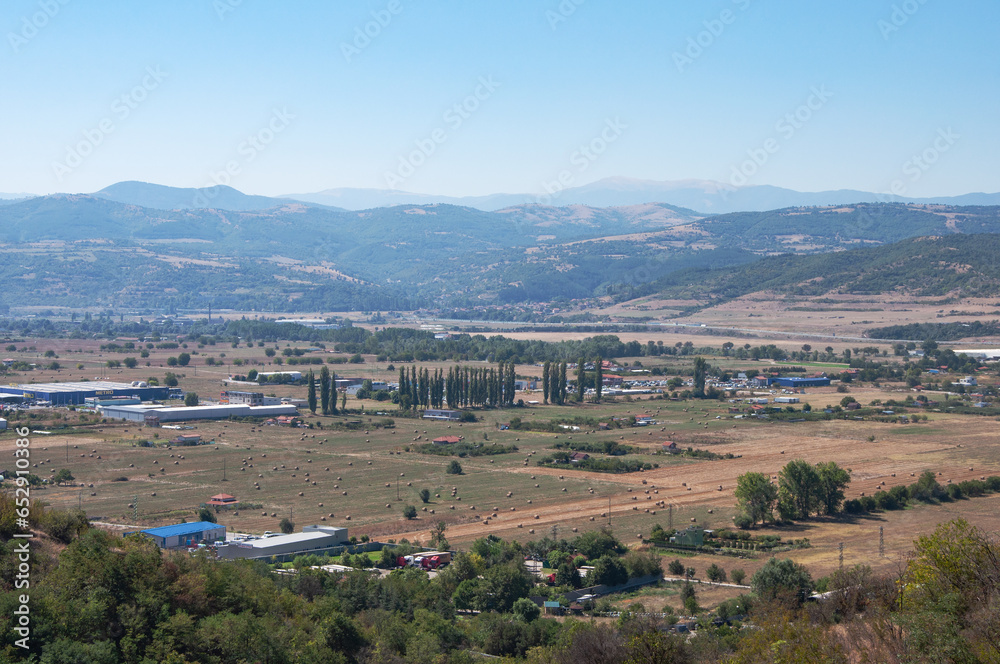 Top view of rural landscape, fields in the Blagoevgrad valley, Southwestern Bulgaria