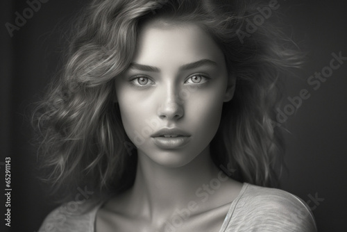 Black and white portrait of attractive young woman with deep eye