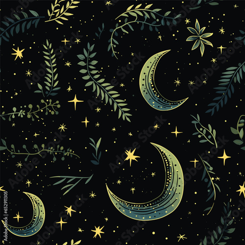 Dark celestial seamless pattern. Boho magic background with space elements stars, crescent, constellations and herbs. Vector doodle texture.
