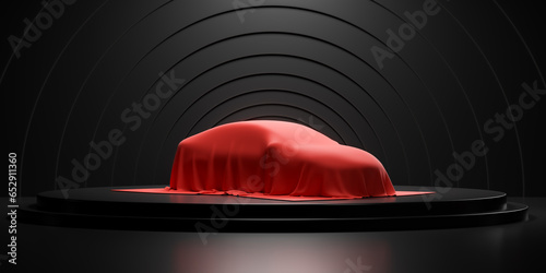 Unrevealed upcoming car cover in red silk showroom, clean dark black studio warehouse shop interior, premium new electric vehicle stage exhibition 3d rendering