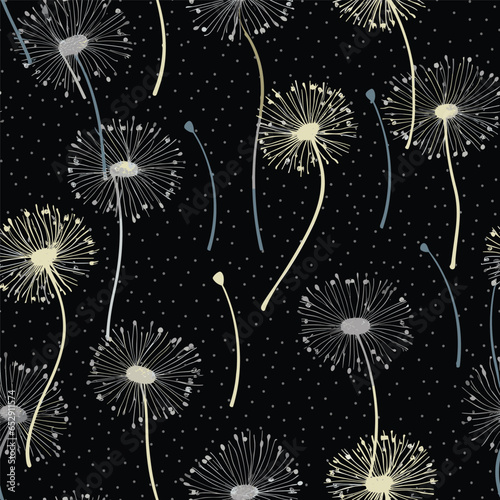 Dark seamless pattern vector with white wind blow dandelion flowers. Beautiful hand-drawn illustration on black background