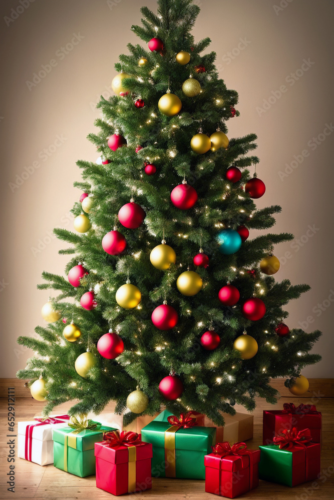 Christmas background with a fir tree decorated with garlands, lights, toys, balls and xmas gifts