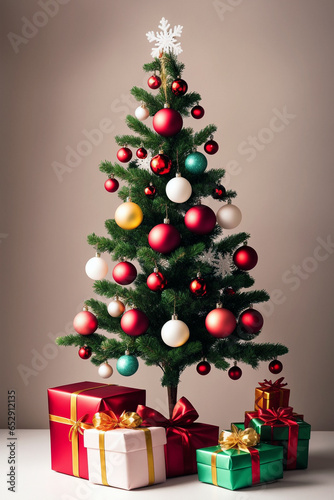 Christmas background with a fir tree decorated with garlands, lights, toys, balls and xmas gifts