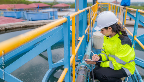 Fotografía Environmental engineers work at wastewater treatment plants,Water supply engineering working at Water recycling plant for reuse,Check the amount of chlorine in the water to be within the criteria