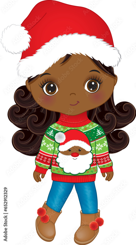 Vector Cute Little Black Girl in Santa Claus Hat Vector Cute Little Black Girl in Santa Claus Hat