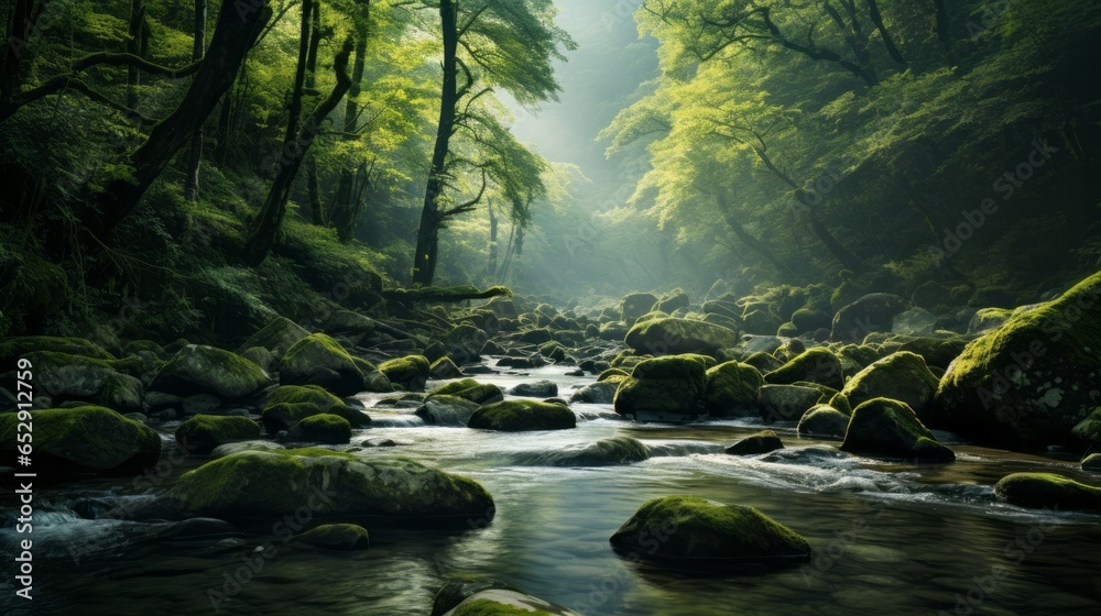 Obraz premium A Serene River Flowing Through a Misty Forest