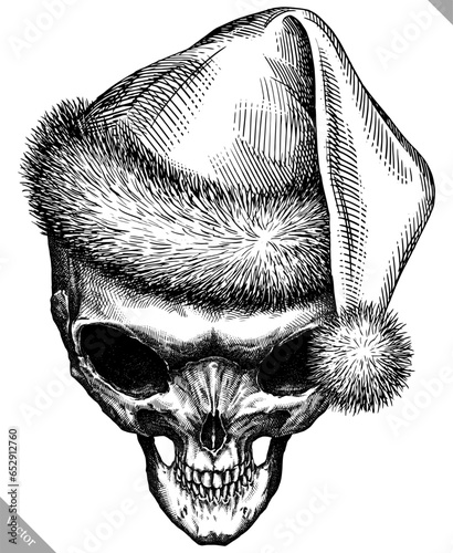 Vintage engraving isolated human skull dressed christmas illustration scull ink santa costume sketch. Cranium background silhouette skeleton new year hat art. Black and white hand drawn vector image