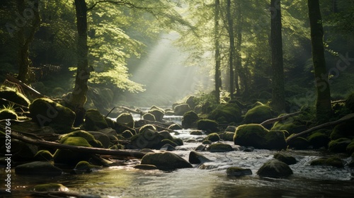 Moss-Covered Rocks and Canopy of Trees by the Meandering River