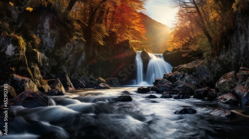 Immerse Yourself in the Beauty of a Massive Waterfall Amidst Autumn Foliage