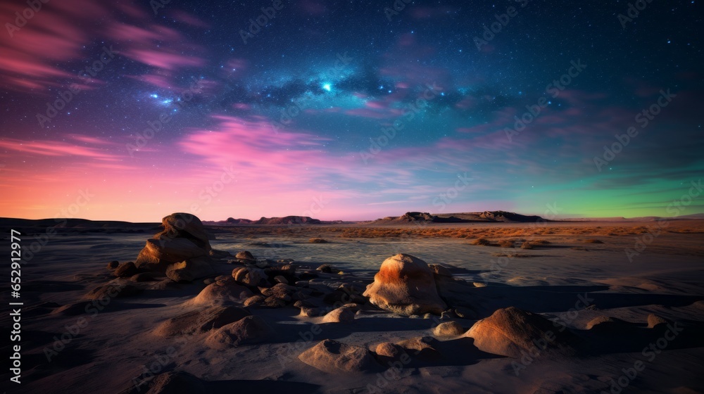 A surreal desert scene under the glow of the Southern Lights and starry skies